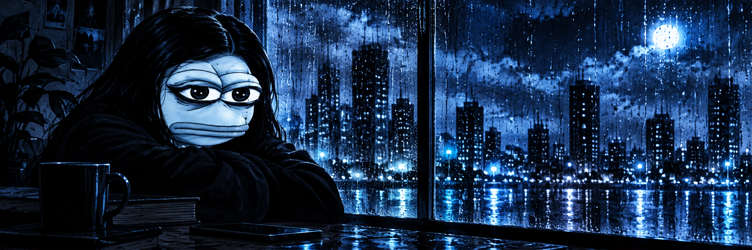Pepina banner: Pepina with long black hair at a rainy window, coffee mug beside her, a moonlit city skyline glowing over the water